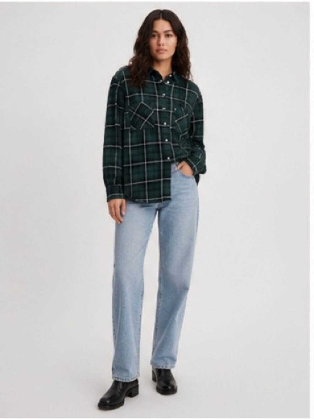 LEVI’S Boyfriend Green Plaid Flannel Cotton - Picture 2 of 8